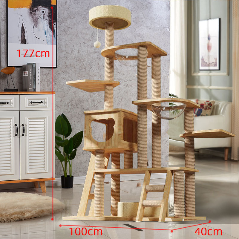 Multi-level Cat Trees & Scratcher With Hammock Luxury Wood Pet Cat Tree Tower