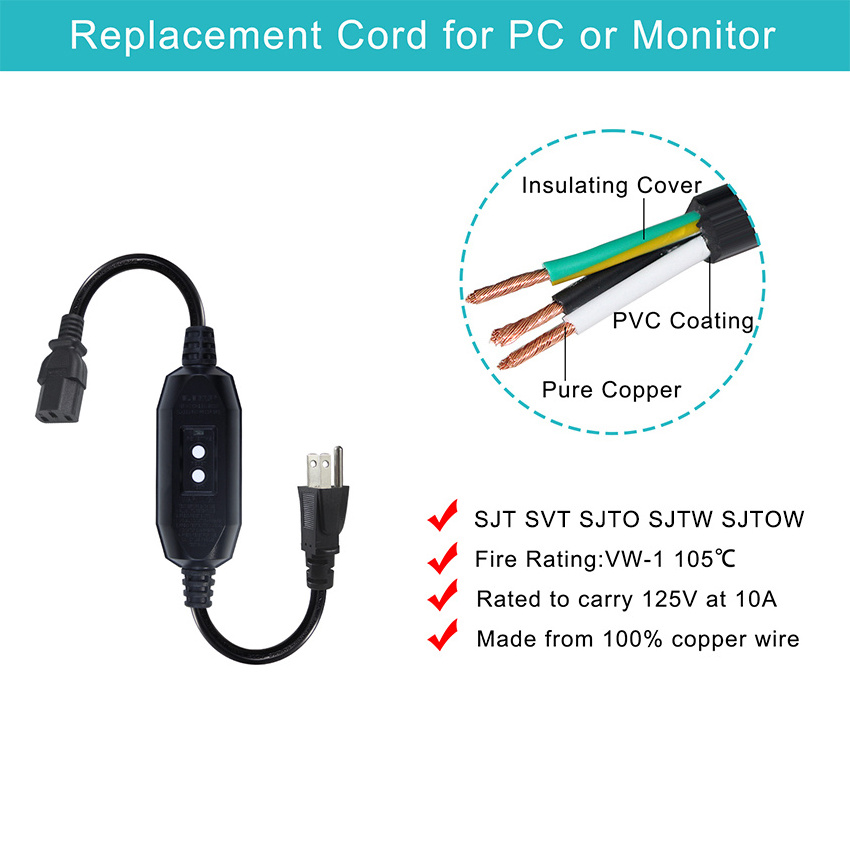 15 Amp Auto Reset 3Pin american standard waterproof electrical gfci in-line us plug c13 extension power cord