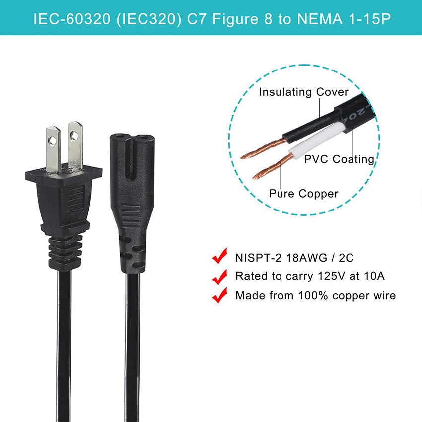 Socket Usa 2-Pin Ac Argentina Iec Angle 2 Male Plug Us Polarized Prong 1-15P To Cord C7 Power Cable