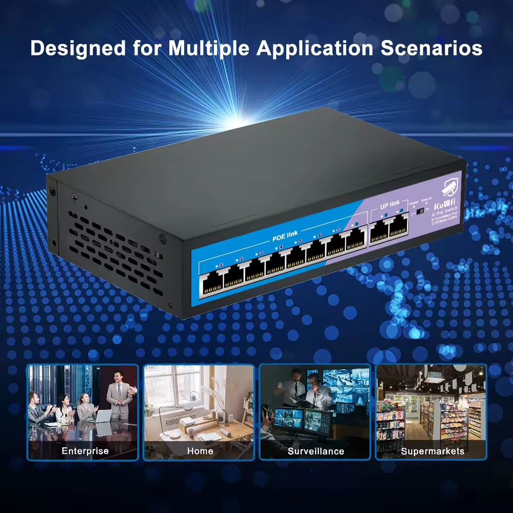 Shenzhen KuWFi 2.6Gbps switch 24v poe switches 250m wifi distance ai 6port poe uplink outdoor 8 port poe switch