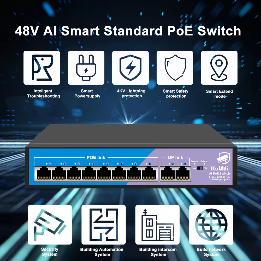 Shenzhen KuWFi 2.6Gbps switch 24v poe switches 250m wifi distance ai 6port poe uplink outdoor 8 port poe switch