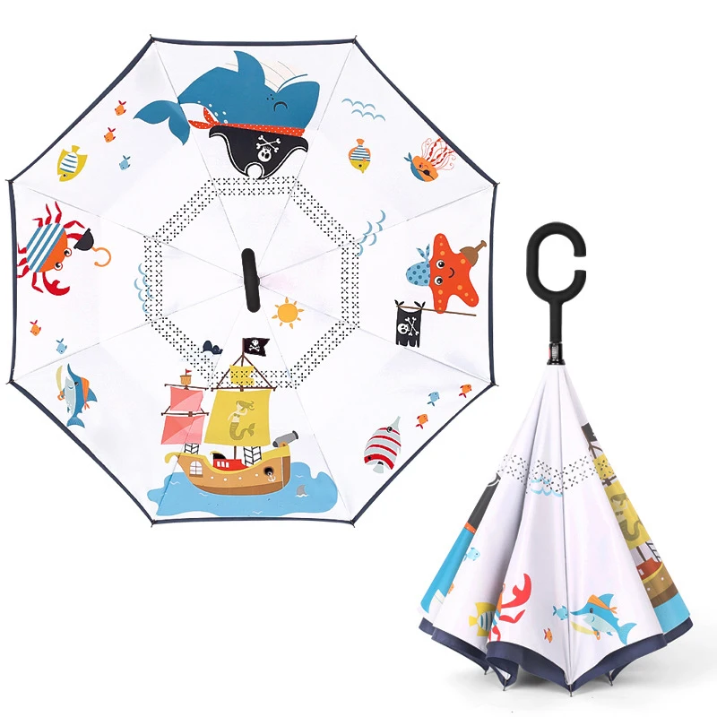 Double Layer Hands Free Inverted Umbrella Kids UV Sun Car Umbrella C Type Handle Kids Reverse Open Folding Umbrellas