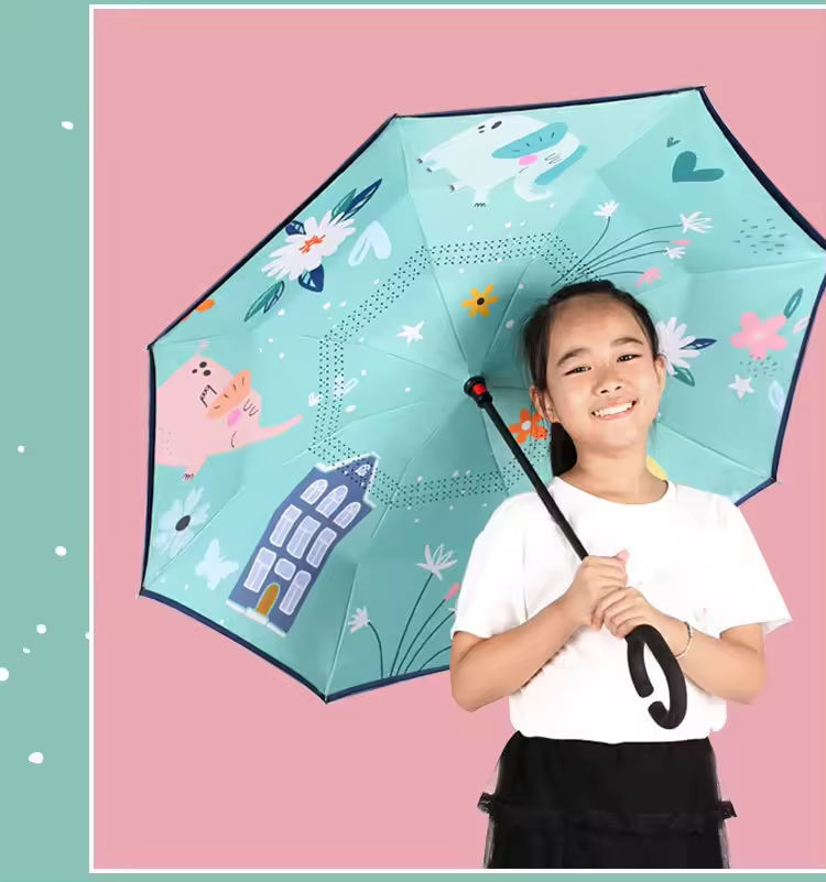 Double Layer Hands Free Inverted Umbrella Kids UV Sun Car Umbrella C Type Handle Kids Reverse Open Folding Umbrellas