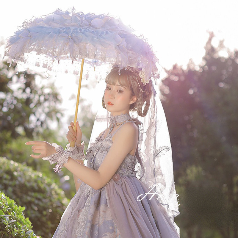 Lolita Handmade Butterflies El Dreams Versailles Christmas Light Blue Cosplay Flower Parasol Umbrella With Fan Paraguas Inverso