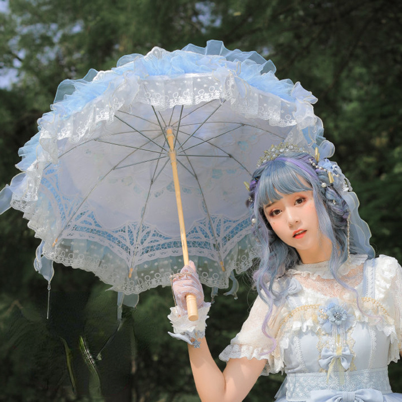 Lolita Handmade Butterflies El Dreams Versailles Christmas Light Blue Cosplay Flower Parasol Umbrella With Fan Paraguas Inverso