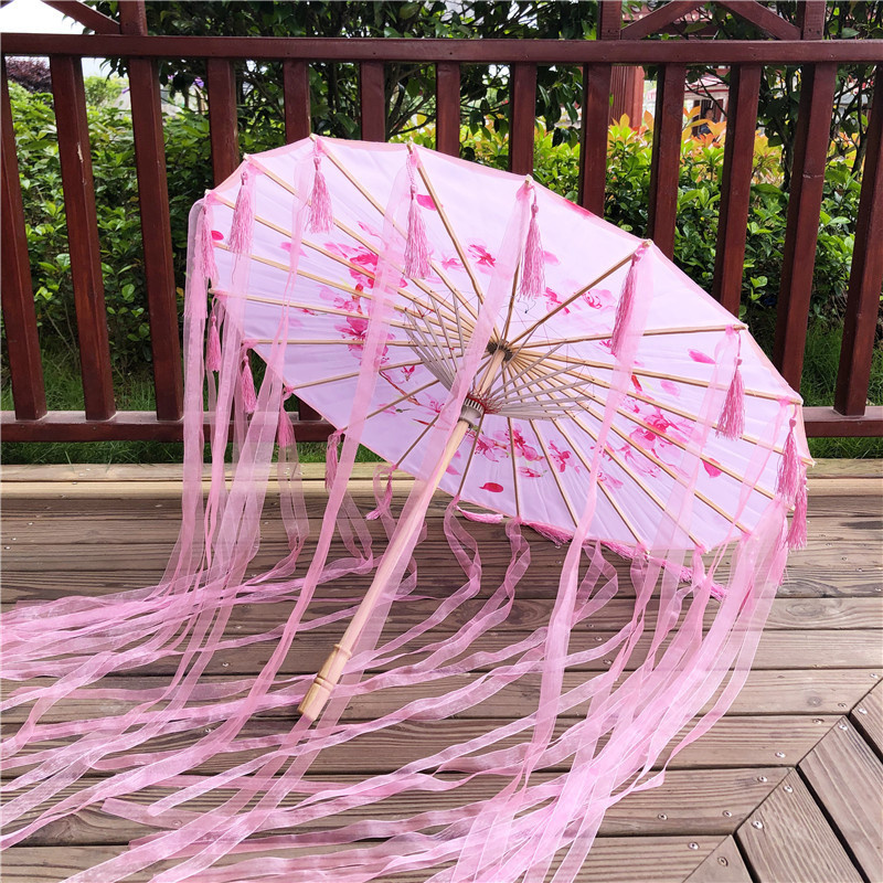 Pink Ribbon Tassel Red Antique Umbrella White Hanfu Accessory Umbrella Ancient Costume Photography Prop Silk Umbrella Parasol