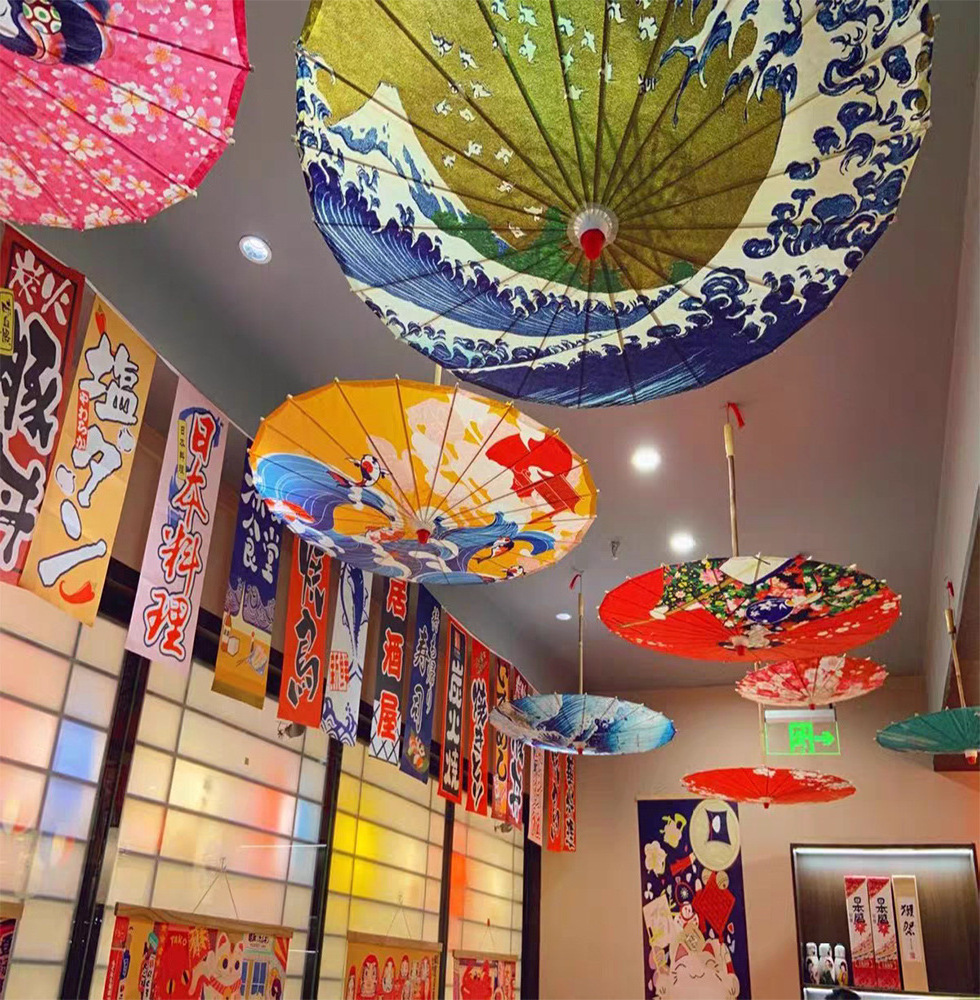 Restaurant Decor Japanese Oil Paper Umbrella, Japanese Material Hotel Ceiling, Classical Decorative Umbrella Cherry Parasol 82CM