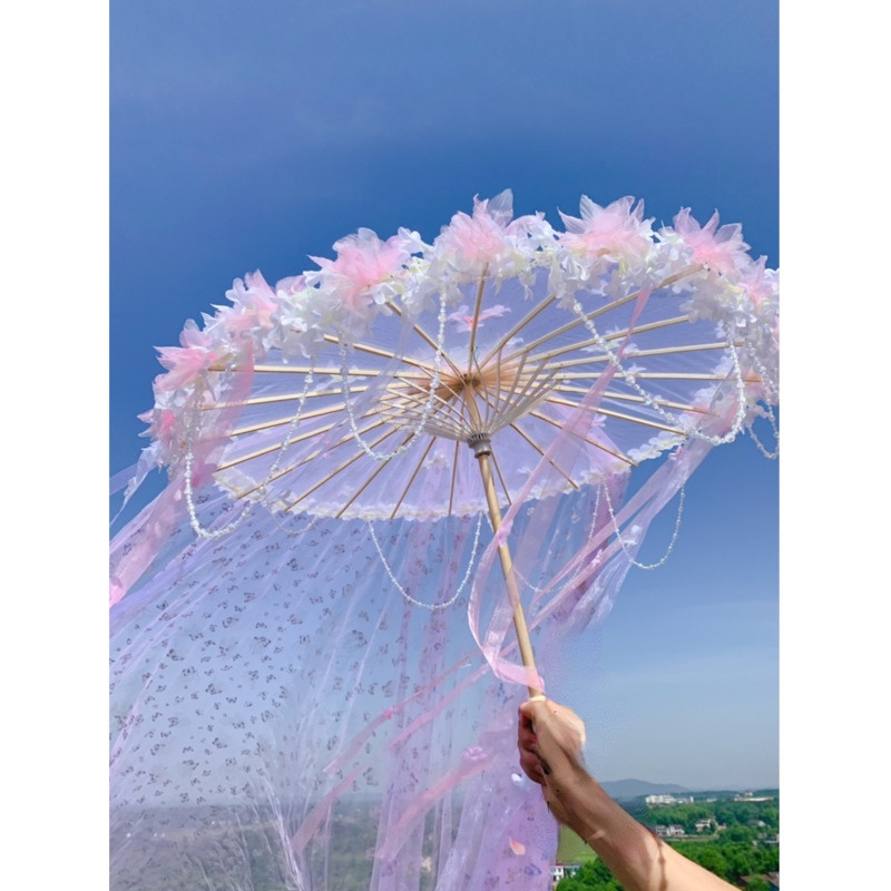 Cosplay Umbrella Flower Shade Umbrella Fan Lolita Hanfu Accessories Super Fairy Ribbon Yarn Bead Catwalk Parasol Paraguas