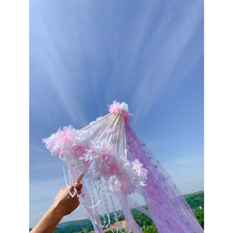 Cosplay Umbrella Flower Shade Umbrella Fan Lolita Hanfu Accessories Super Fairy Ribbon Yarn Bead Catwalk Parasol Paraguas