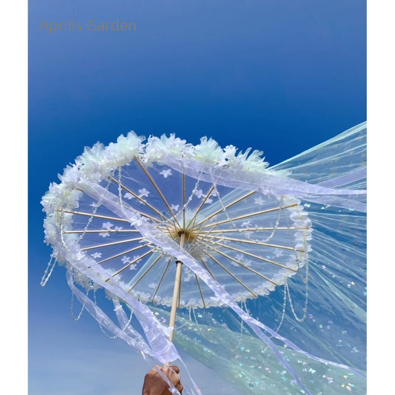 Cosplay Umbrella Flower Shade Umbrella Fan Lolita Hanfu Accessories Super Fairy Ribbon Yarn Bead Catwalk Parasol Paraguas