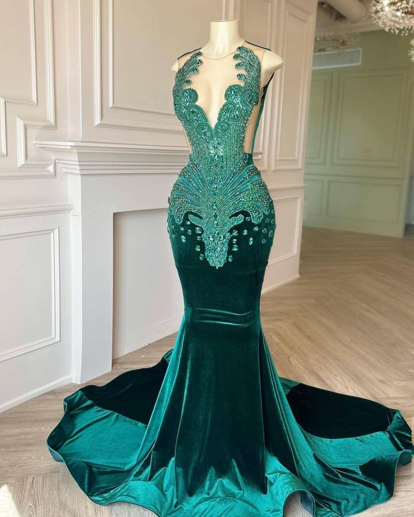 Luxury Beaded Crystal Evening Dresses Emerald Green Prom Dressed Sequin Glitter Mother Of Bride Dresses Elegant Gowns