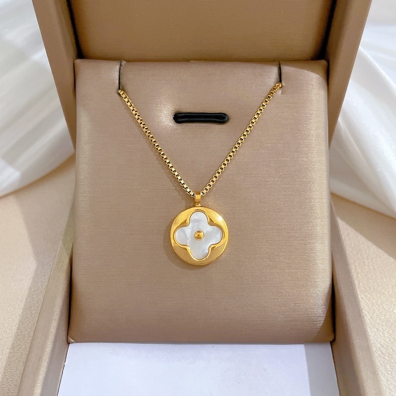 Women Pendant Necklace 18K Gold Plated Stainless Steel Jewelry Box Chain Shell Four Leaf Lucky Clover Necklace