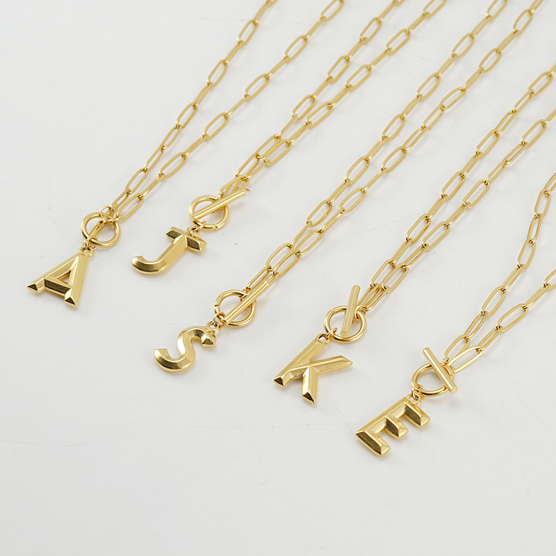 Simple OT Clasp Paper Clip Chain Stainless Steel 18k Gold Filled Necklace 26 Alphabet Initial Letter Necklace