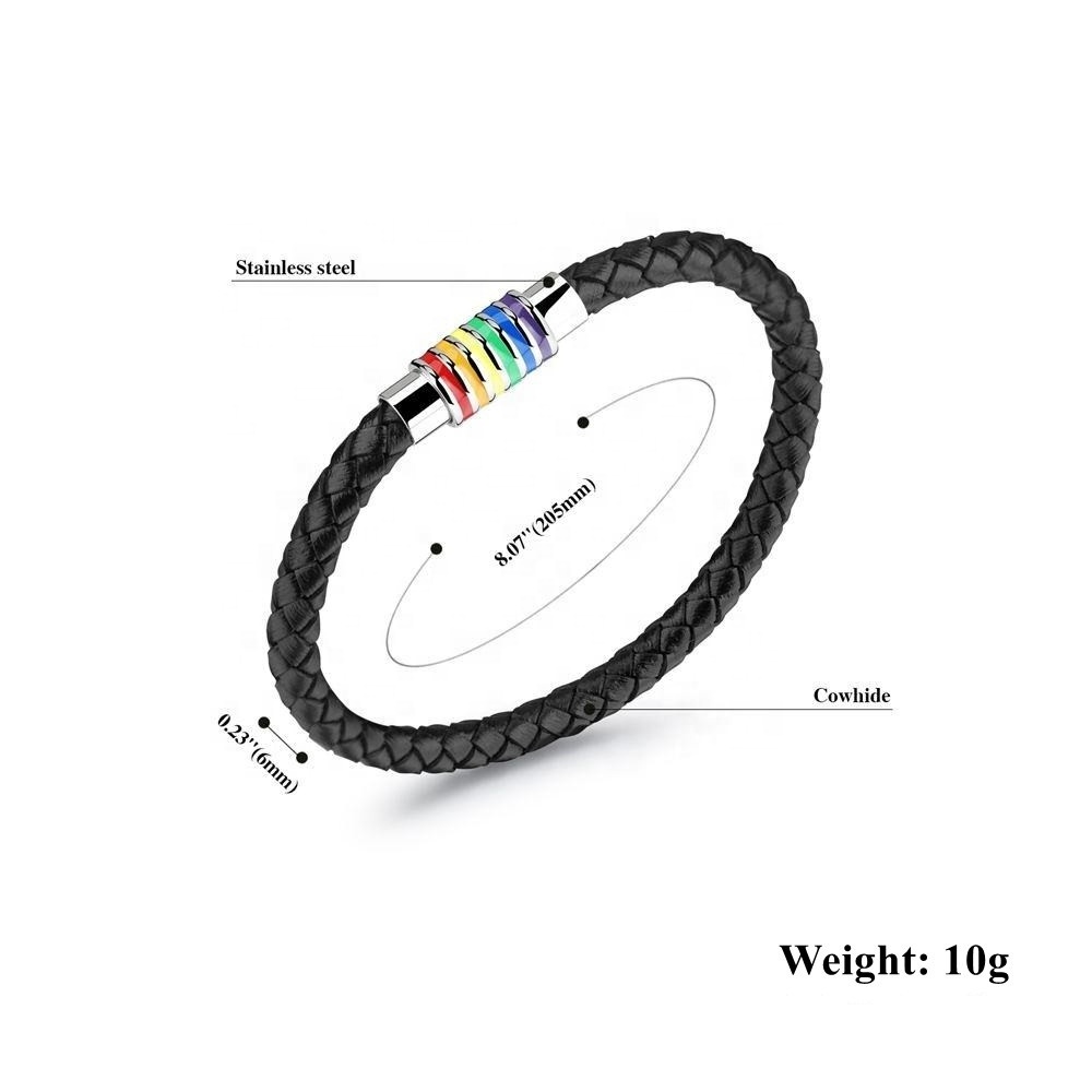 LGBT Bracelet Gay Pride Black Braided Leather Bangle with Rainbow Striped Magnetic Clasp Stainless Steel for Men Women Bracelets