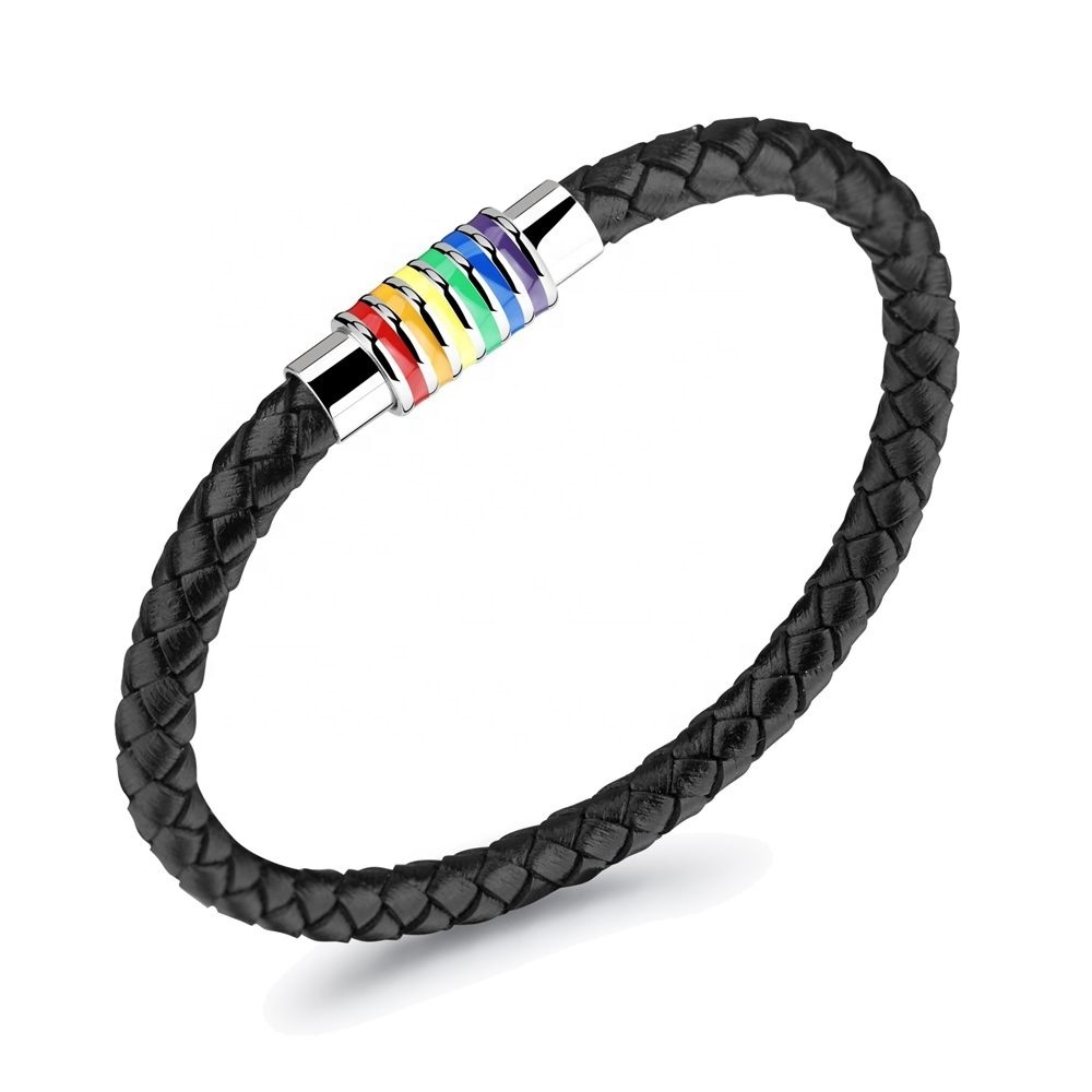 LGBT Bracelet Gay Pride Black Braided Leather Bangle with Rainbow Striped Magnetic Clasp Stainless Steel for Men Women Bracelets