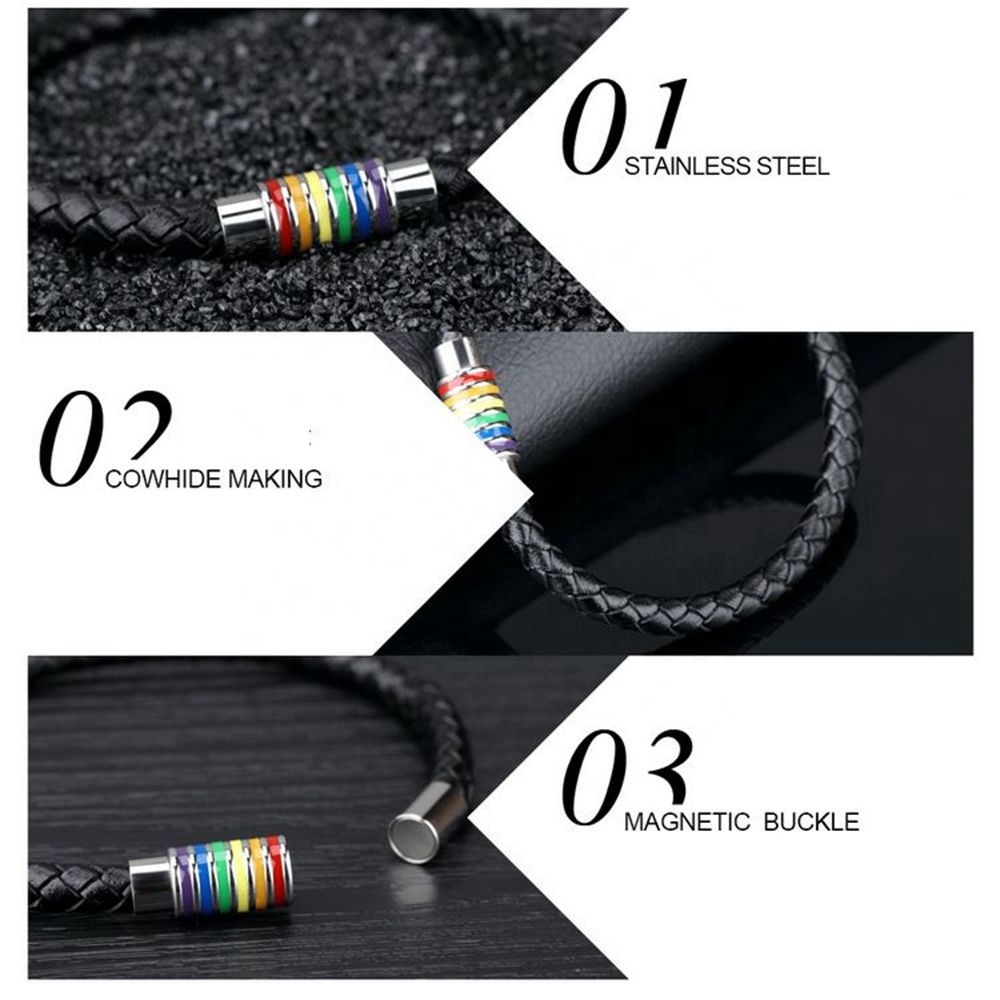 LGBT Bracelet Gay Pride Black Braided Leather Bangle with Rainbow Striped Magnetic Clasp Stainless Steel for Men Women Bracelets