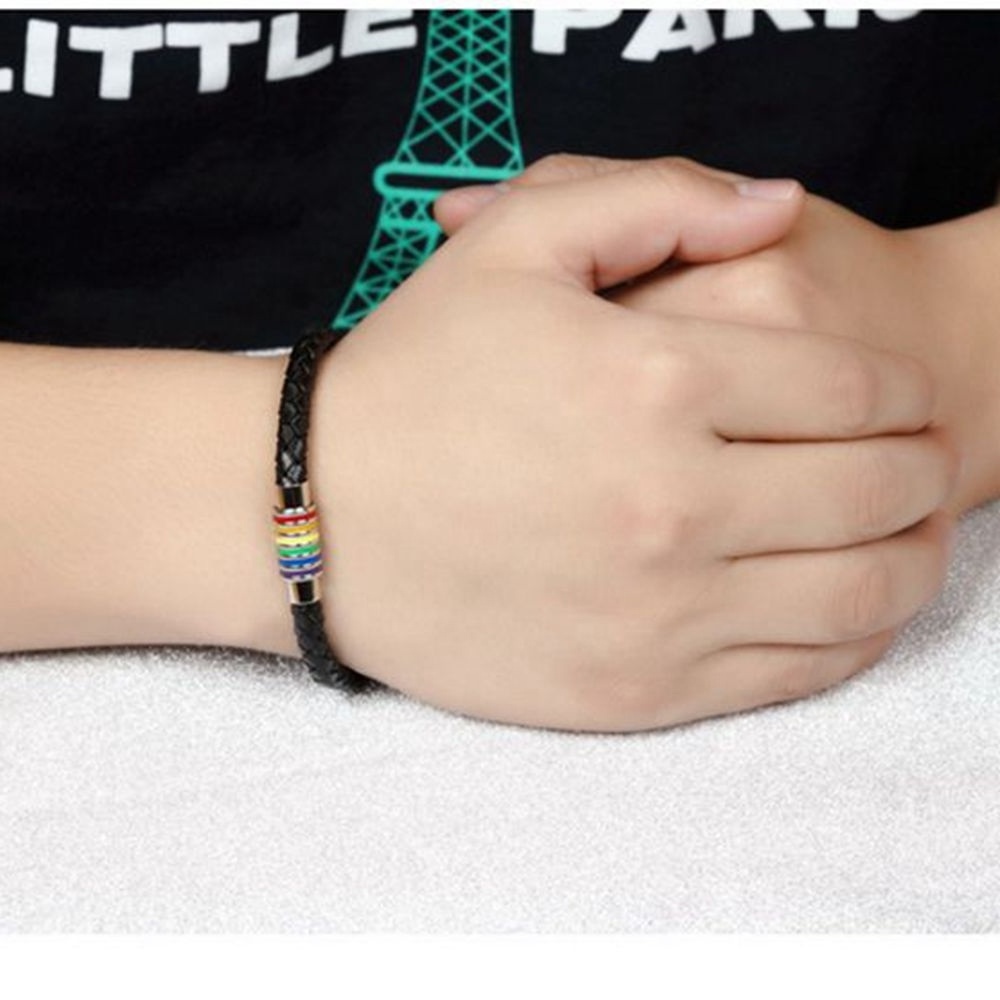 LGBT Bracelet Gay Pride Black Braided Leather Bangle with Rainbow Striped Magnetic Clasp Stainless Steel for Men Women Bracelets