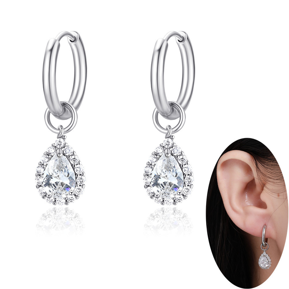 Elegant NEW Wholesale Huggie Hoop Earring Water Drop Dangle Earrings Tear Drop CZ Pendant Earring Stainless Steel Cubic Zirconia