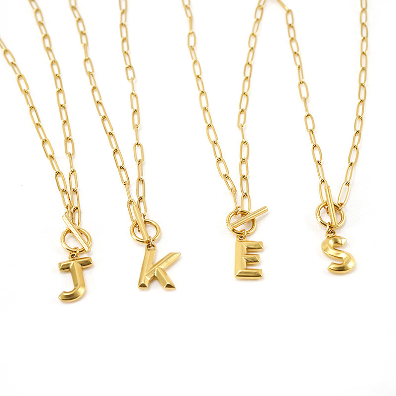 Simple OT Clasp Paper Clip Chain Stainless Steel 18k Gold Filled Necklace 26 Alphabet Initial Letter Necklace