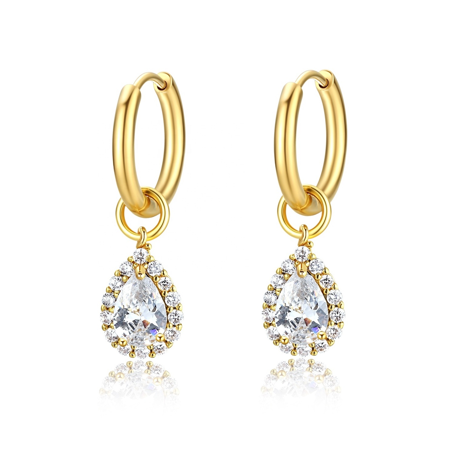 Elegant NEW Wholesale Huggie Hoop Earring Water Drop Dangle Earrings Tear Drop CZ Pendant Earring Stainless Steel Cubic Zirconia