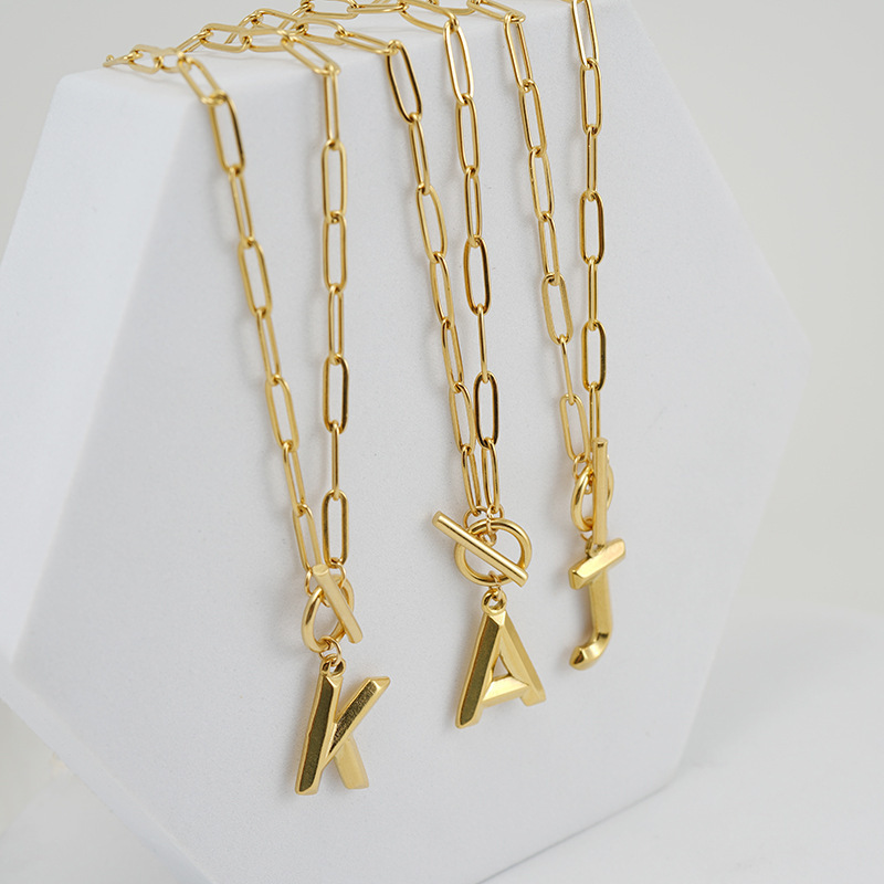 Simple OT Clasp Paper Clip Chain Stainless Steel 18k Gold Filled Necklace 26 Alphabet Initial Letter Necklace