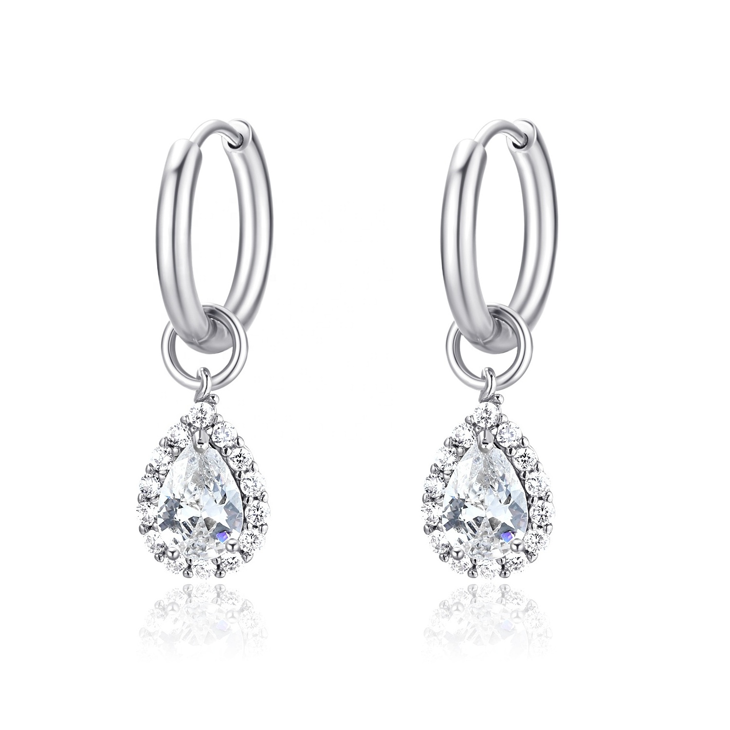 Elegant NEW Wholesale Huggie Hoop Earring Water Drop Dangle Earrings Tear Drop CZ Pendant Earring Stainless Steel Cubic Zirconia