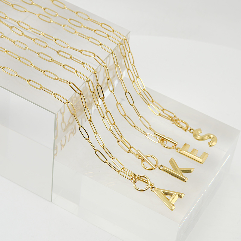 Simple OT Clasp Paper Clip Chain Stainless Steel 18k Gold Filled Necklace 26 Alphabet Initial Letter Necklace