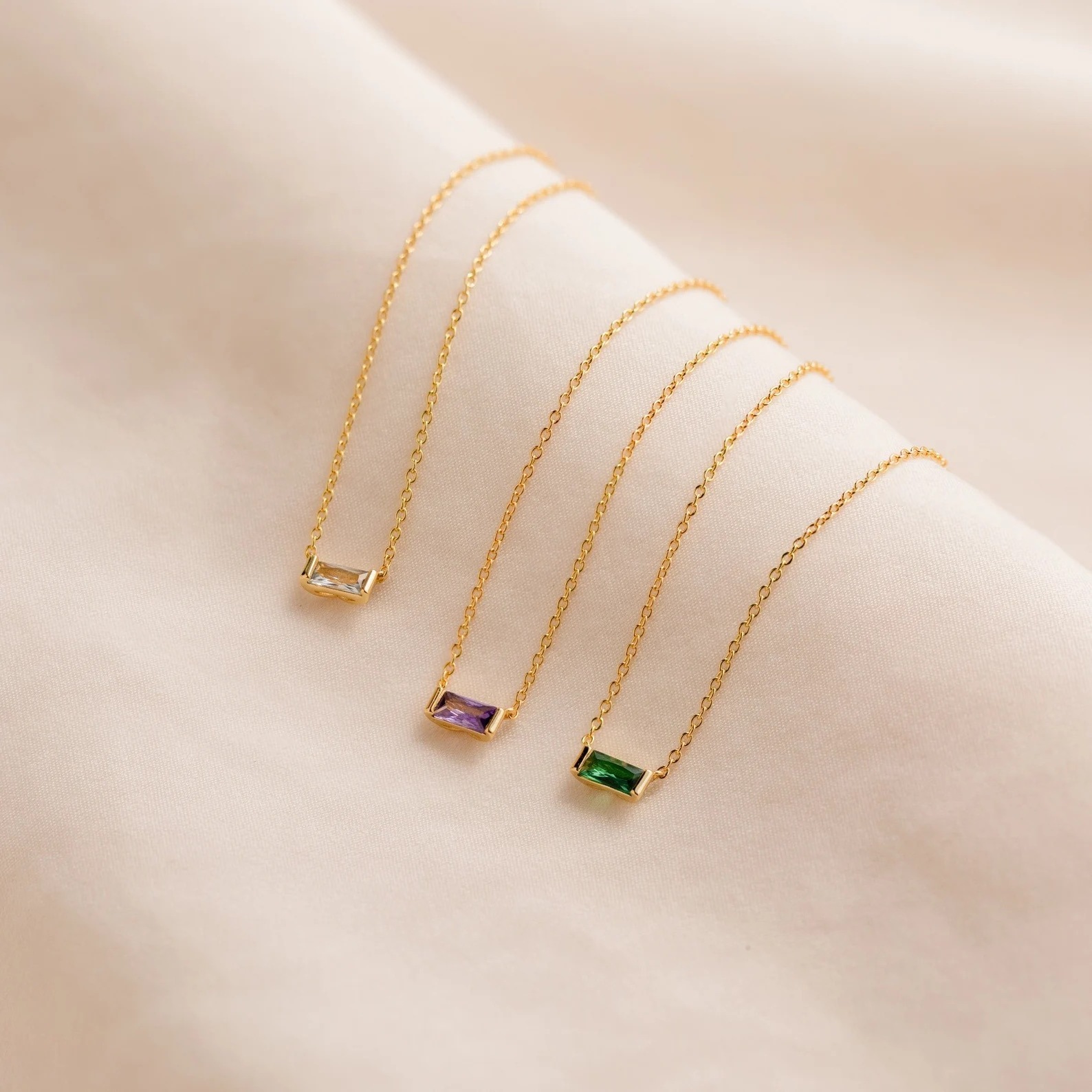 12 Multicolor Cubic Zirconia Baguette Pendant Necklace Stainless Steel 18k Gold Plated Birthstone Necklace