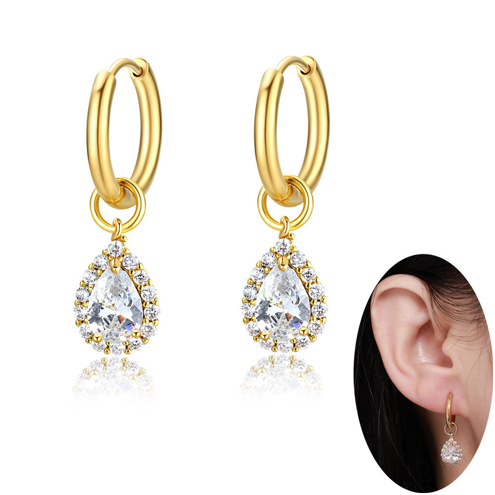 Elegant NEW Wholesale Huggie Hoop Earring Water Drop Dangle Earrings Tear Drop CZ Pendant Earring Stainless Steel Cubic Zirconia