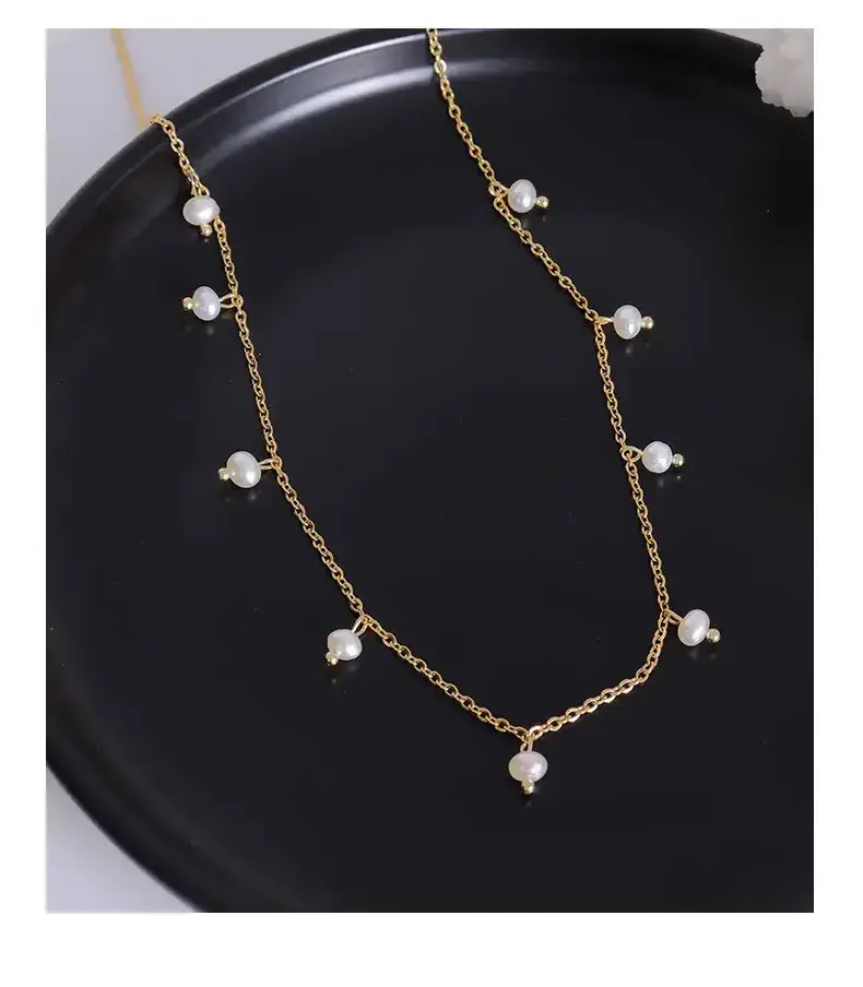 Stainless Steel Charm Necklace Freshwater Pearl and 18K Gold Chain Necklace