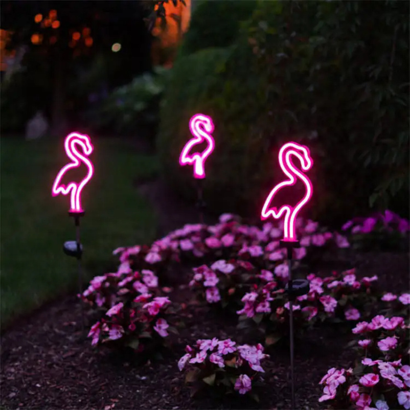 Outdoor Waterproof Patio Walkway Neon Lighting Flamingos Solar Garden Post Lights