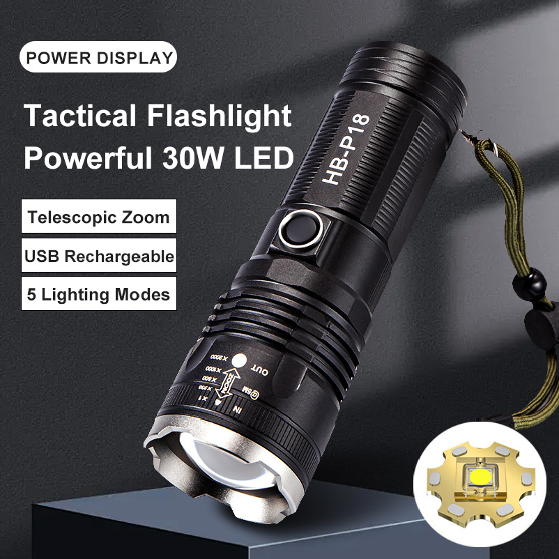 Outdoor Hiking Emergency Flashlight 30000 Lumen Flashlight Usb Charging Zoom Waterproof 5-mode Led Flashlight