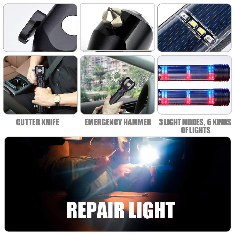 Emergency Multi-function Safety Hammer Safety Belt Cutting Flashlight Outdoor Solar Usb Rechargeable Flashlight