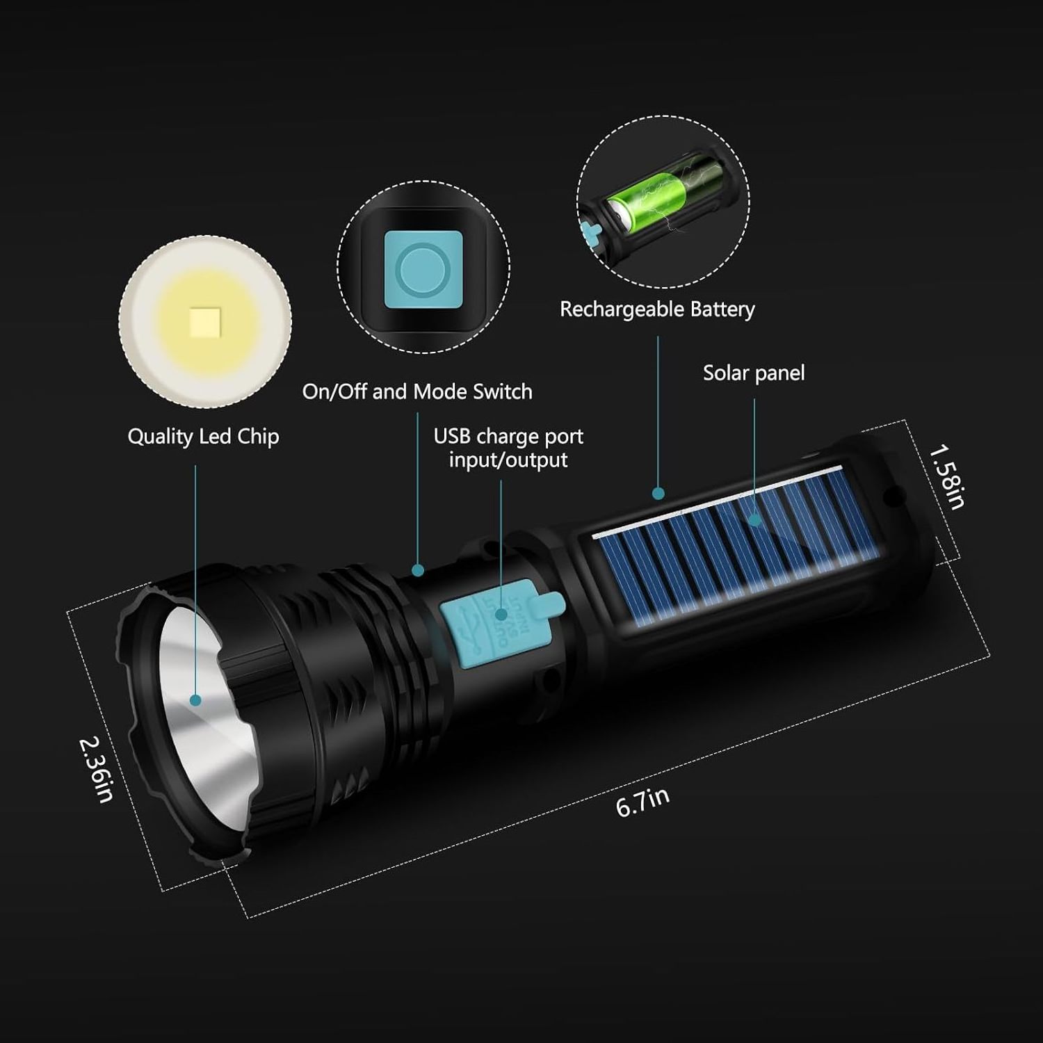 Solar-powered Handheld Usb Rechargeable Flashlight For Emergency Survival Camping Survival Kit