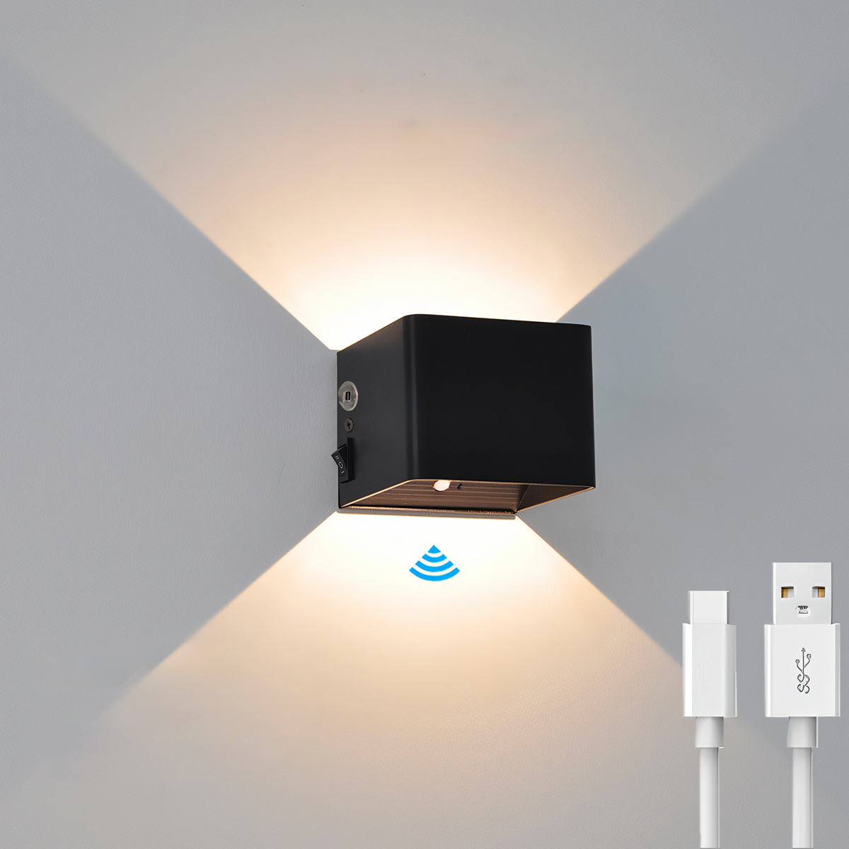 Square Magnetic Aluminum Wall Lamp Motion Sensor Wall Light Black Rechargeable LED Wall Light With Sensor Battery Operated