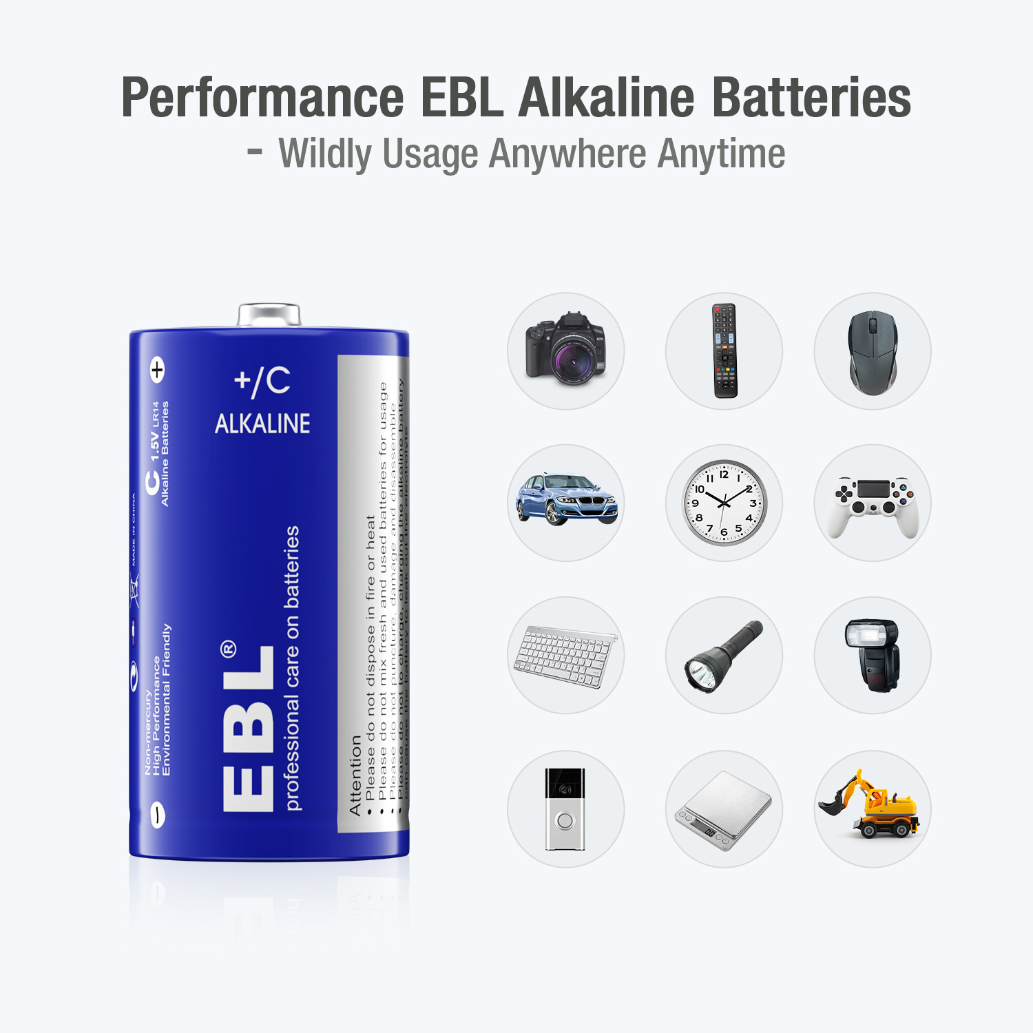 EBL New Design Deep Cycle lr14 8000mAh 1.5V Alkaline C Dry Batteries