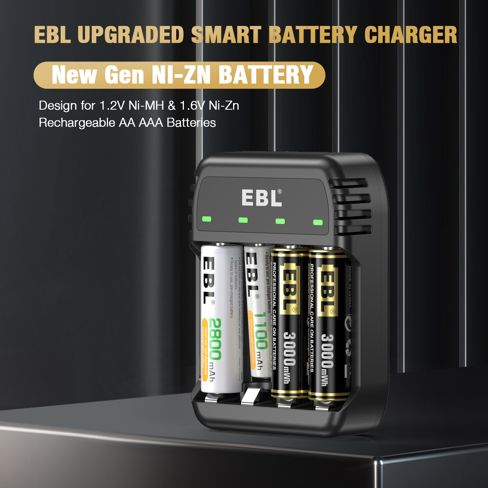 EBL Rechargeable AA Batteries 4 Pack 1.6V Double A Ni-Zn 3000mWh With 4 Bay Ni Zn/Ni MH AAA Battery Charger