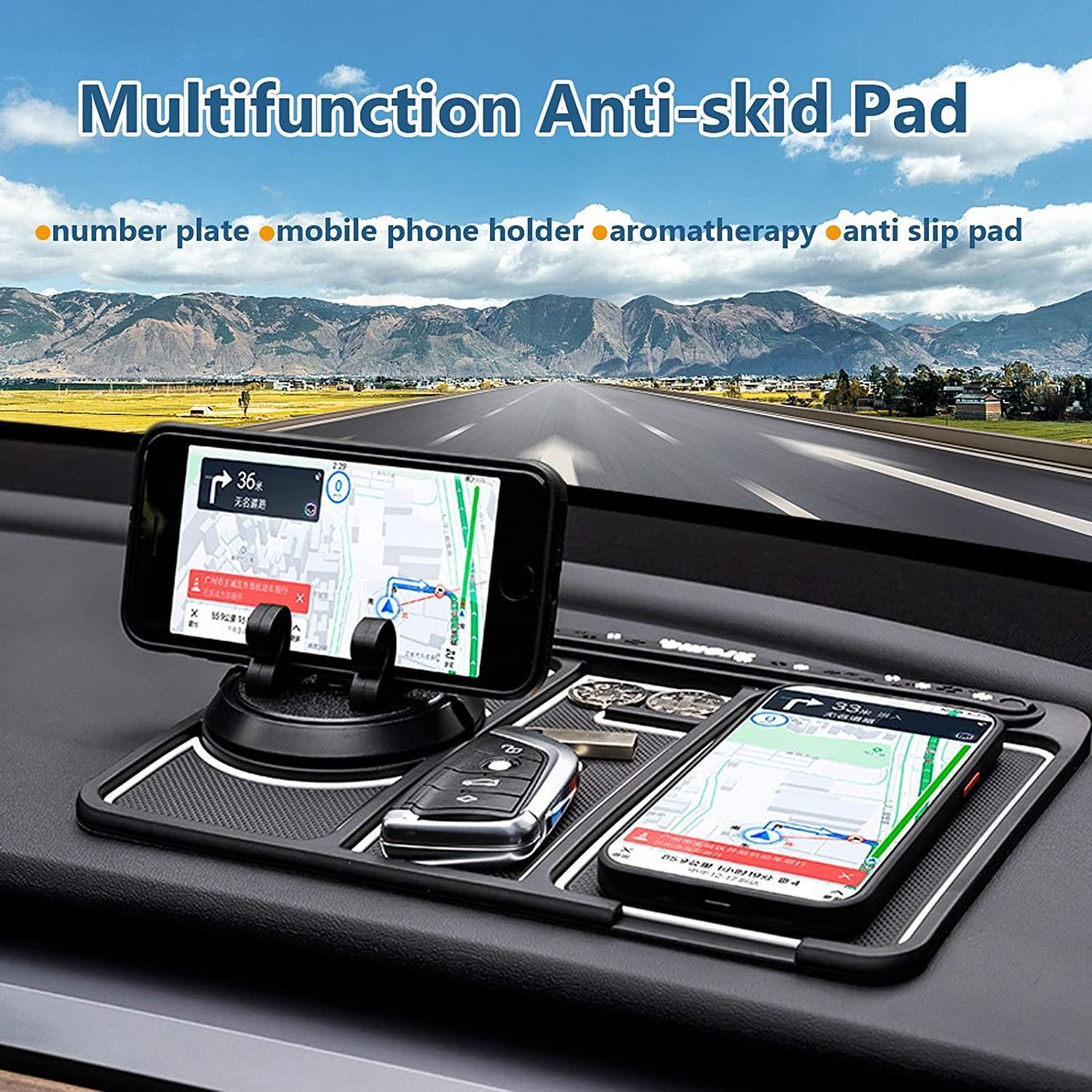 Multifunctional Car Dashboard Anti-Slip Rubber Pad Mat Universal Phone Holder with Temporary Parking Card Number Plate