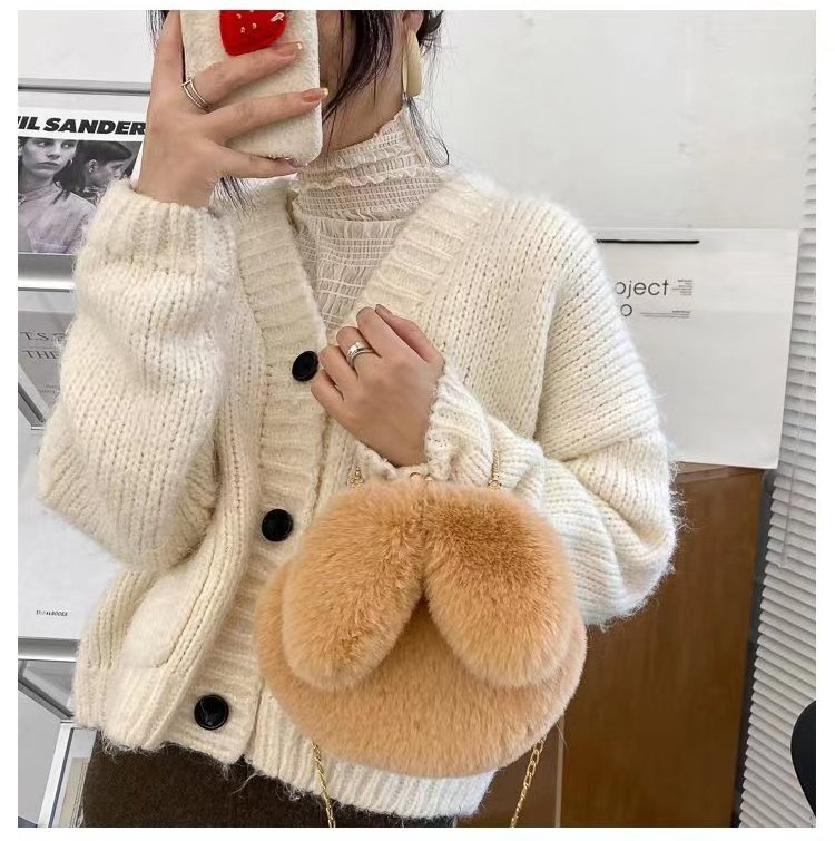 Plush Bag Female Oblique Crossbody Korean Version Lovely chain women handbag fur Plush shoulder Bag Rabbit Ear Clip Mouth Bag