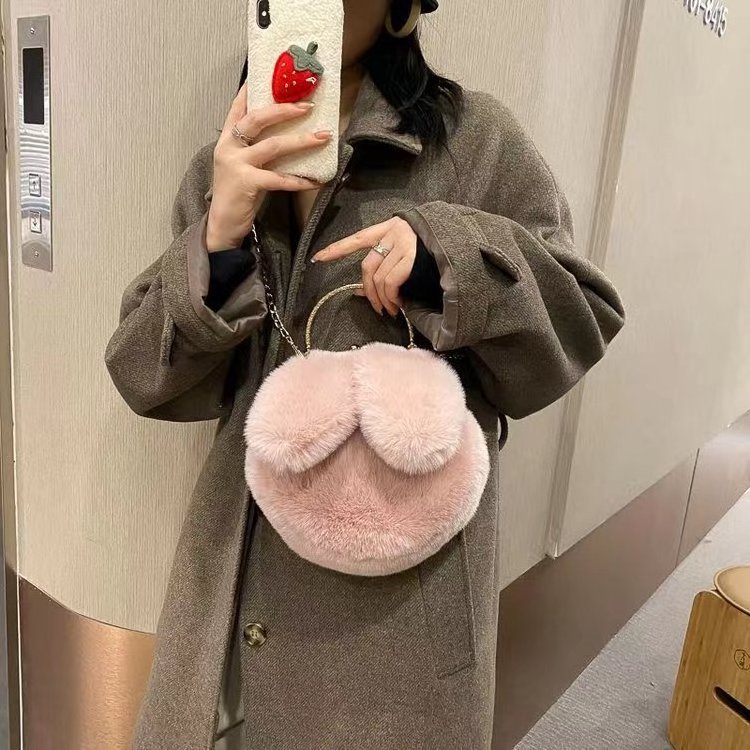 Plush Bag Female Oblique Crossbody Korean Version Lovely chain women handbag fur Plush shoulder Bag Rabbit Ear Clip Mouth Bag