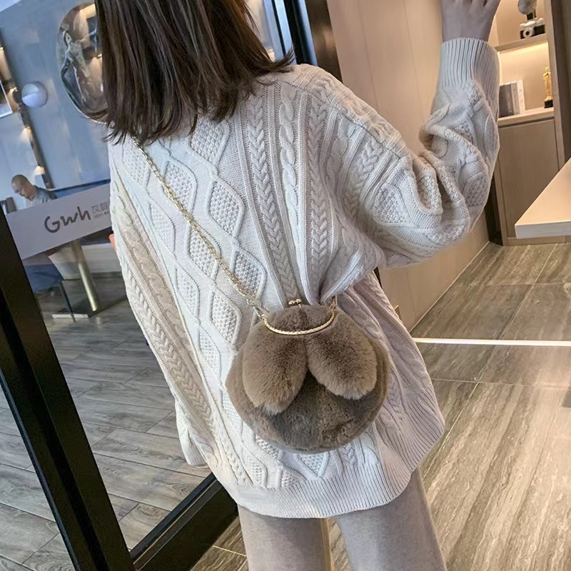 Plush Bag Female Oblique Crossbody Korean Version Lovely chain women handbag fur Plush shoulder Bag Rabbit Ear Clip Mouth Bag