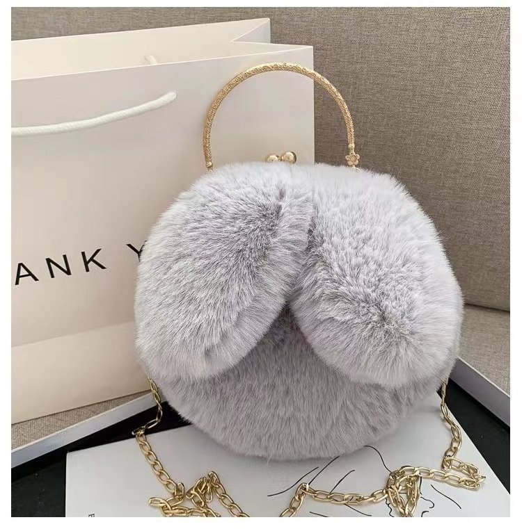 Plush Bag Female Oblique Crossbody Korean Version Lovely chain women handbag fur Plush shoulder Bag Rabbit Ear Clip Mouth Bag