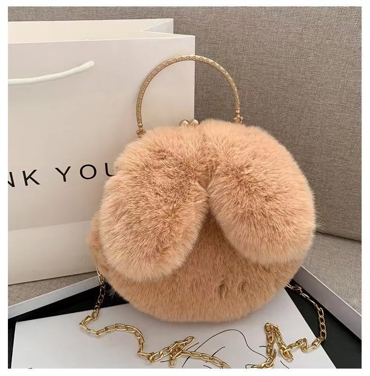 Plush Bag Female Oblique Crossbody Korean Version Lovely chain women handbag fur Plush shoulder Bag Rabbit Ear Clip Mouth Bag