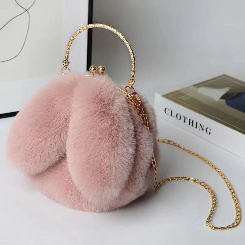 Plush Bag Female Oblique Crossbody Korean Version Lovely chain women handbag fur Plush shoulder Bag Rabbit Ear Clip Mouth Bag