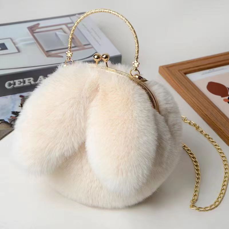 Plush Bag Female Oblique Crossbody Korean Version Lovely chain women handbag fur Plush shoulder Bag Rabbit Ear Clip Mouth Bag