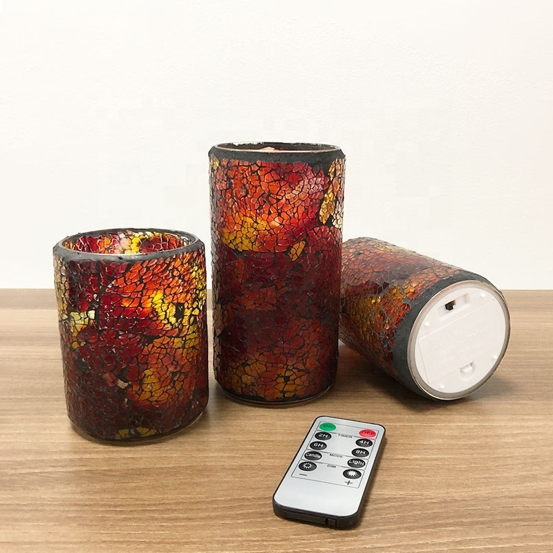 Home Decoration Battery Operated Led Window Pillar Candles Red Mosaic Glass Remote Control Led Candle