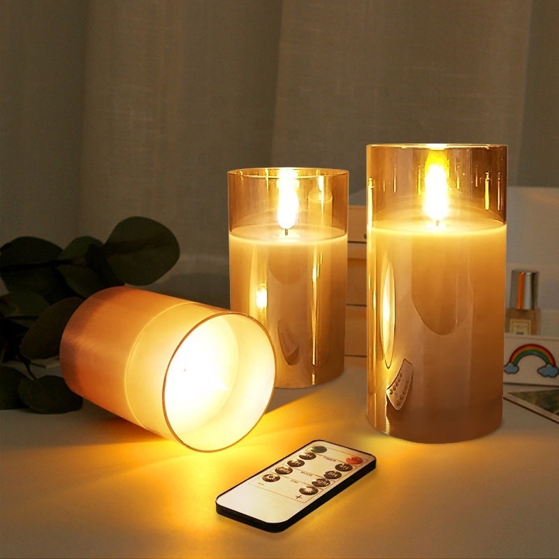 Luxury Battery Operated Glass LED Flameless Candles with Remote and Timer Flickering Light Real Wax Candles