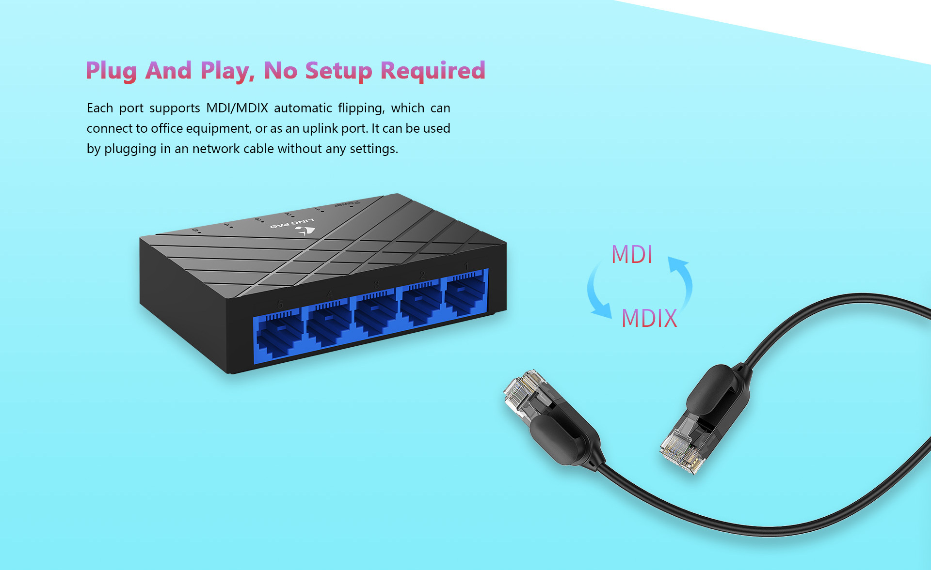 Ethernet Switch 5Ports Desktop Gigabit Network Switch 10/100/1000Mbps Adapte Switch MDI/MDIX