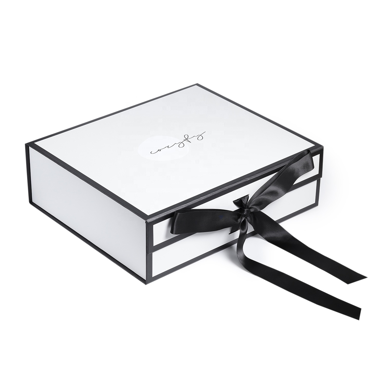 Wholesales  Ribbon Handle Black And White Clothes Shoes Gift Packaging Folding Paper Box With Custom Logo