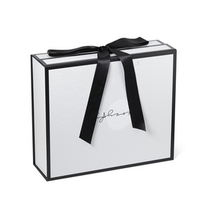 Wholesales  Ribbon Handle Black And White Clothes Shoes Gift Packaging Folding Paper Box With Custom Logo